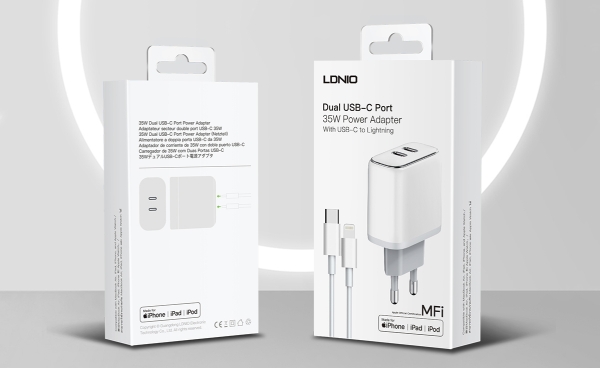 CARGADOR LDNIO IPHONE A2528M DUAL USB-C CAJA BLANCA