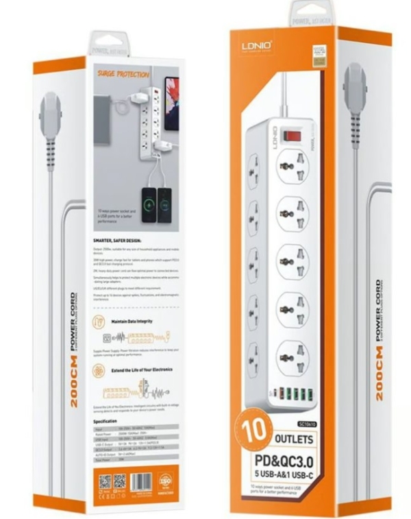 TOMACORRIENTE LDNIO SC10610, 10 OUT BLANCO