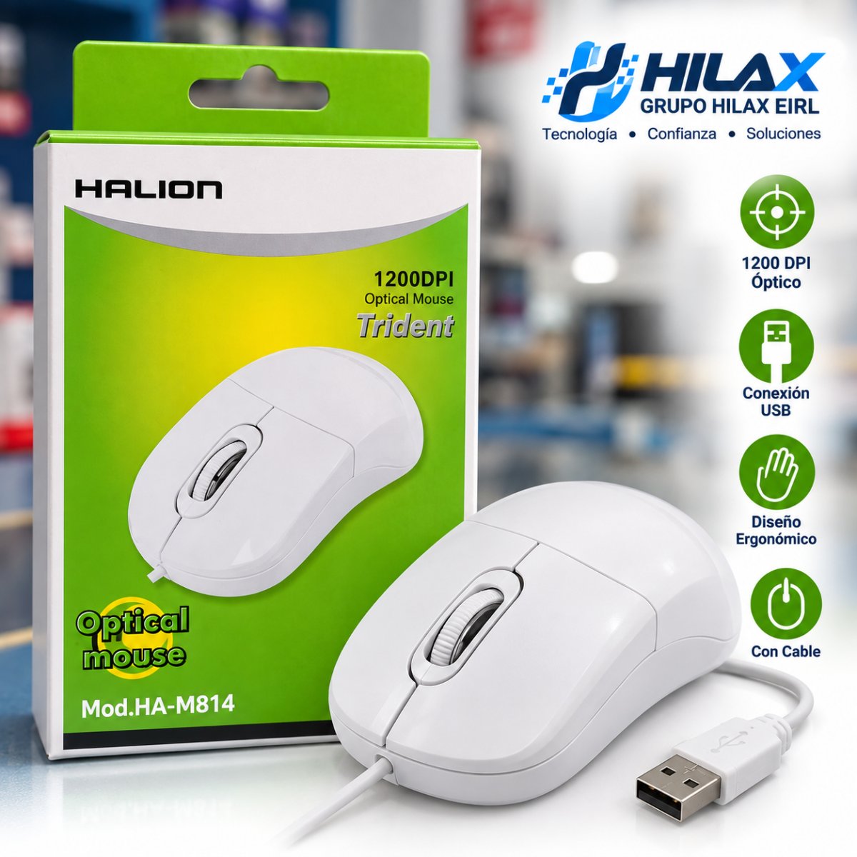 MOUSE HALION HA-M814 TRIDENT USB BLANCO en HILAX.PE — Camaná, Arequipa