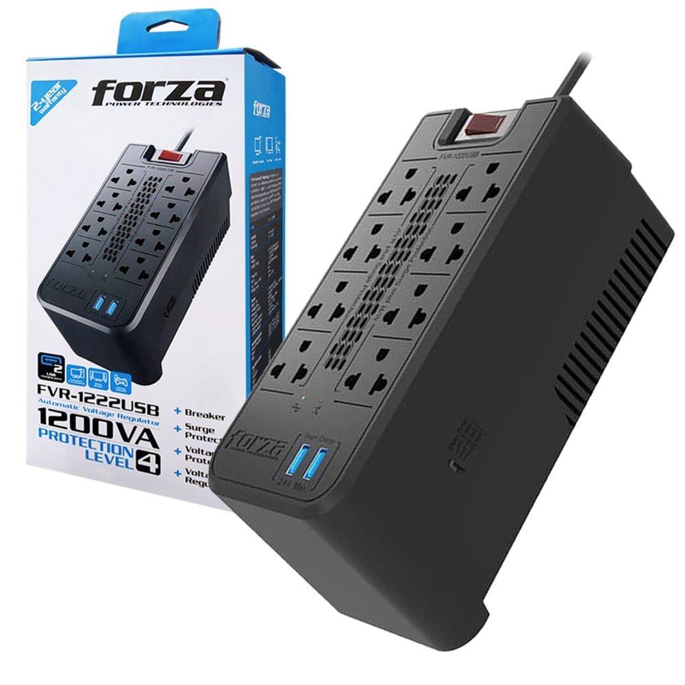 ESTABILIZADOR 1200VA MODELO FVR-1222USB FORZA, 600W, 2USB, 8 TOMAS