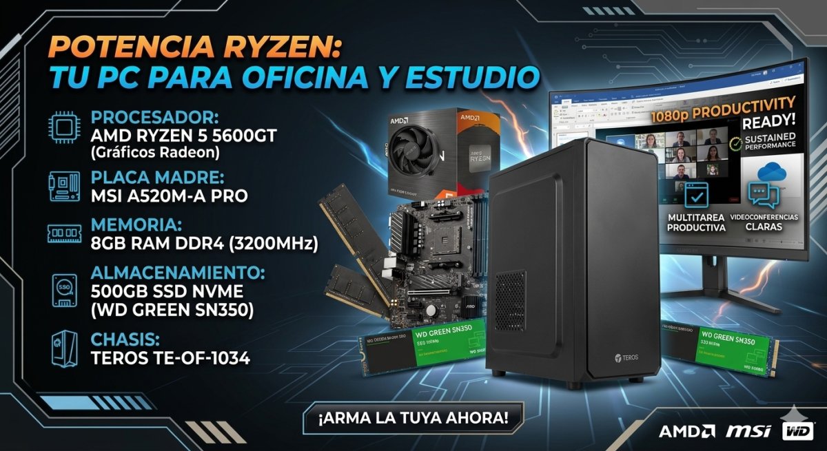 CPU AMD RYZEN 5 5600GT, PLACA MSI A520M-A PRO, 8GB RAM DDR4, SSD 500GB SN350 NVME, CASE TEROS TE-1034 en HILAX.PE — Camaná, Arequipa