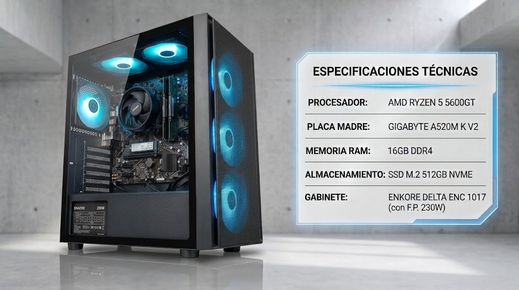 CPU - PROCESADOR AMD RYZEN 5 5600GT, PLACA GIGABYTE A520M K V2, MEMORIA RAM 16GB DDR4 , SSD M.2 512GB NVME, CASE ENKORE DELTA ENC 1017 GABINETE 230W. en HILAX.PE — Camaná, Arequipa